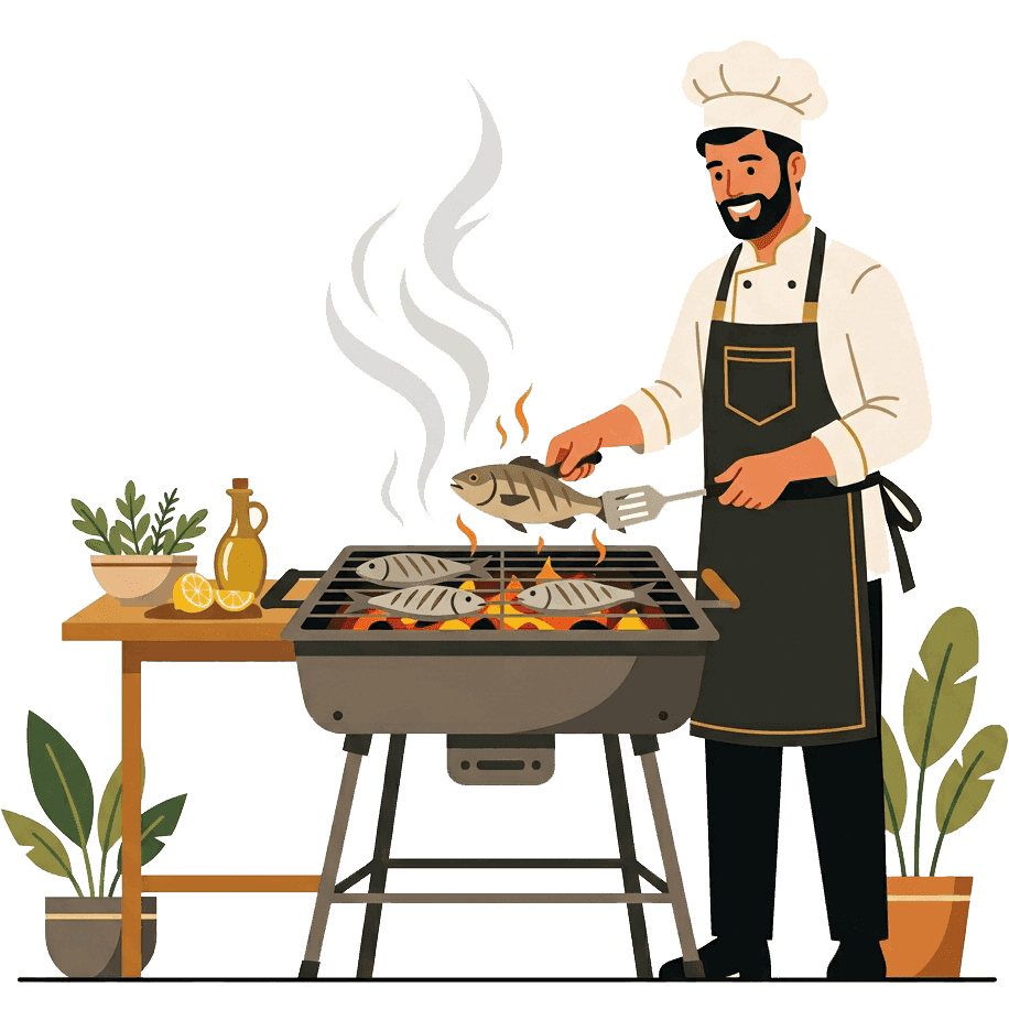 Chef grilling fish over open flames