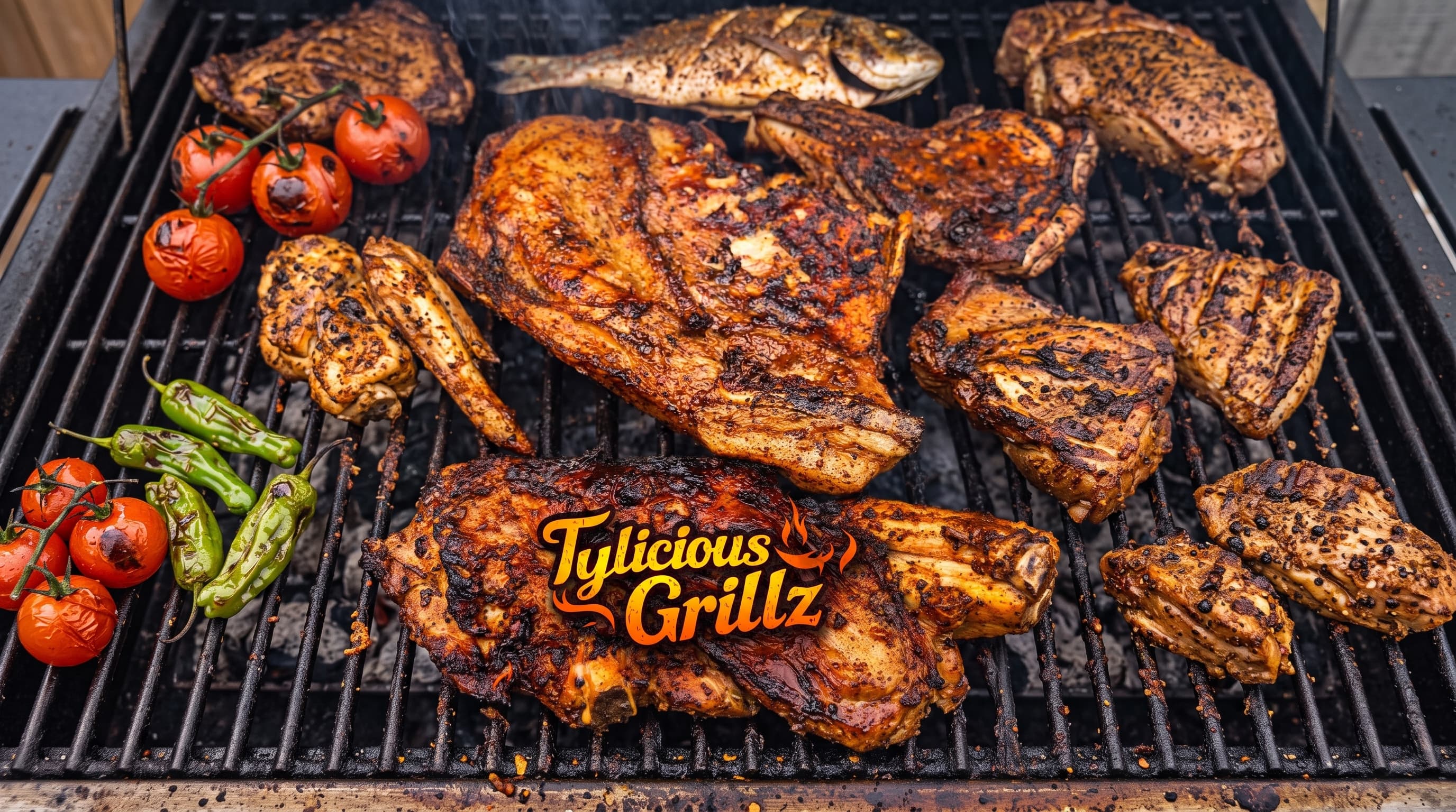 Grilled chicken pieces sizzling on an open grill